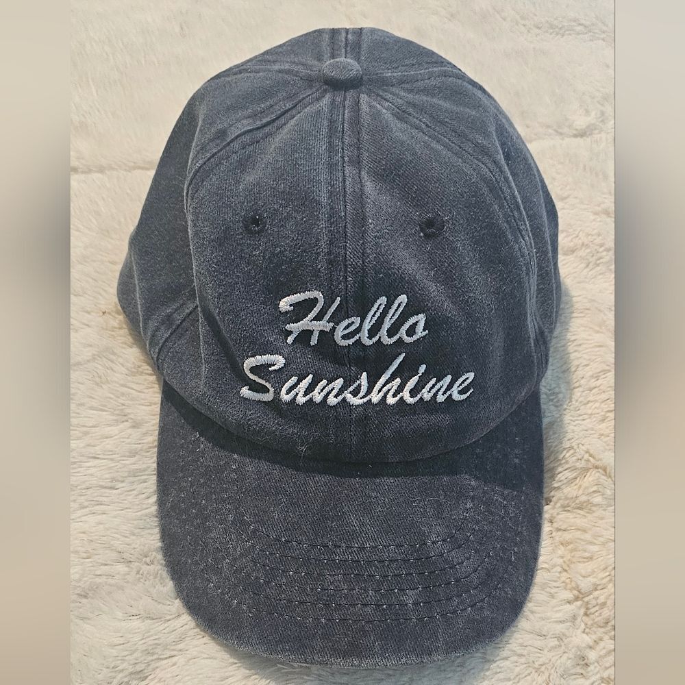 Hello Sunshine Embroidered Hat Navy Blue With Adjustable Strap.